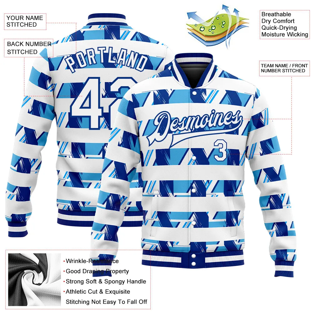 Custom Royal White-Light Blue 3D Pattern Design Bomber Full-Snap Varsity Letterman Jacket