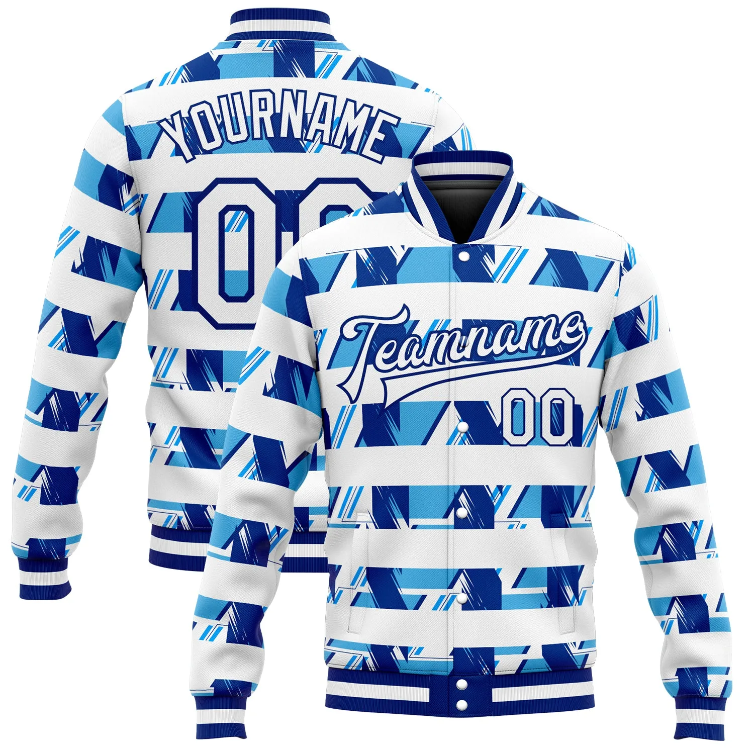 Custom Royal White-Light Blue 3D Pattern Design Bomber Full-Snap Varsity Letterman Jacket