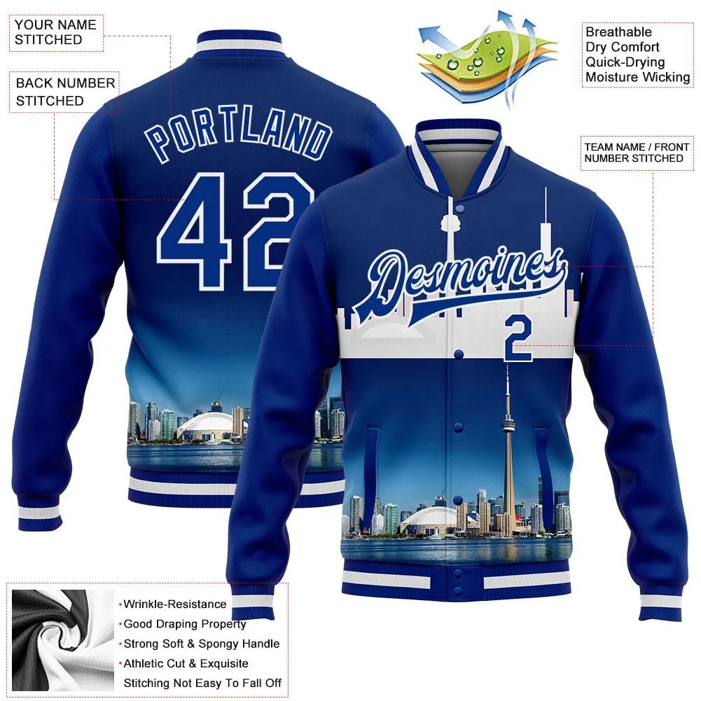 Custom Royal White Toronto Ontario City Edition 3D Bomber Full-Snap Varsity Letterman Jacket