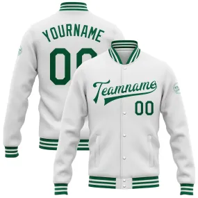 Custom White Kelly Green Bomber Full-Snap Varsity Letterman Jacket