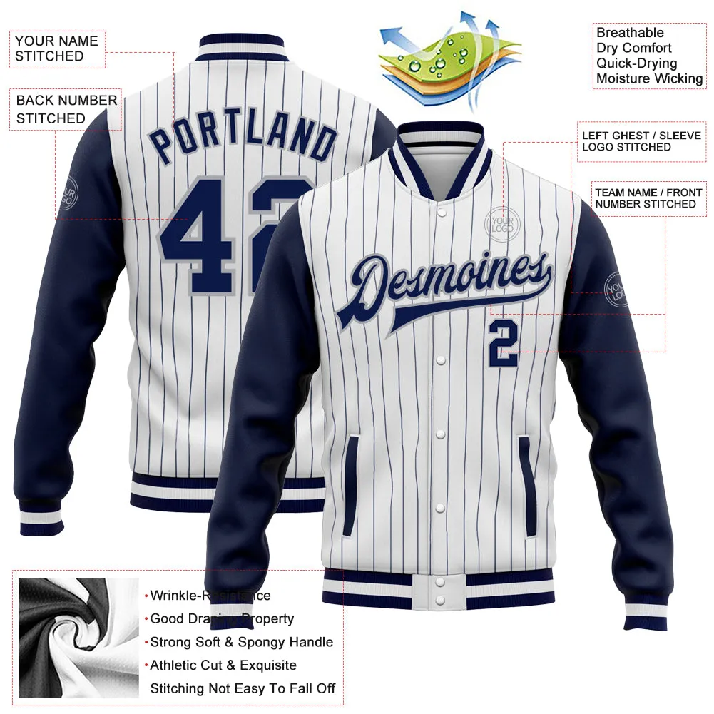 Custom White Navy Pinstripe Navy-Gray Bomber Full-Snap Varsity Letterman Two Tone Jacket