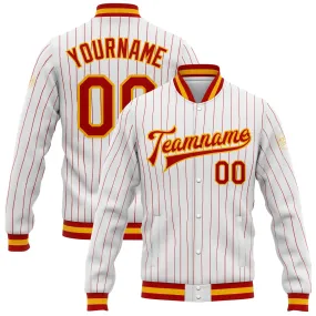 Custom White Red Pinstripe Gold Bomber Full-Snap Varsity Letterman Jacket