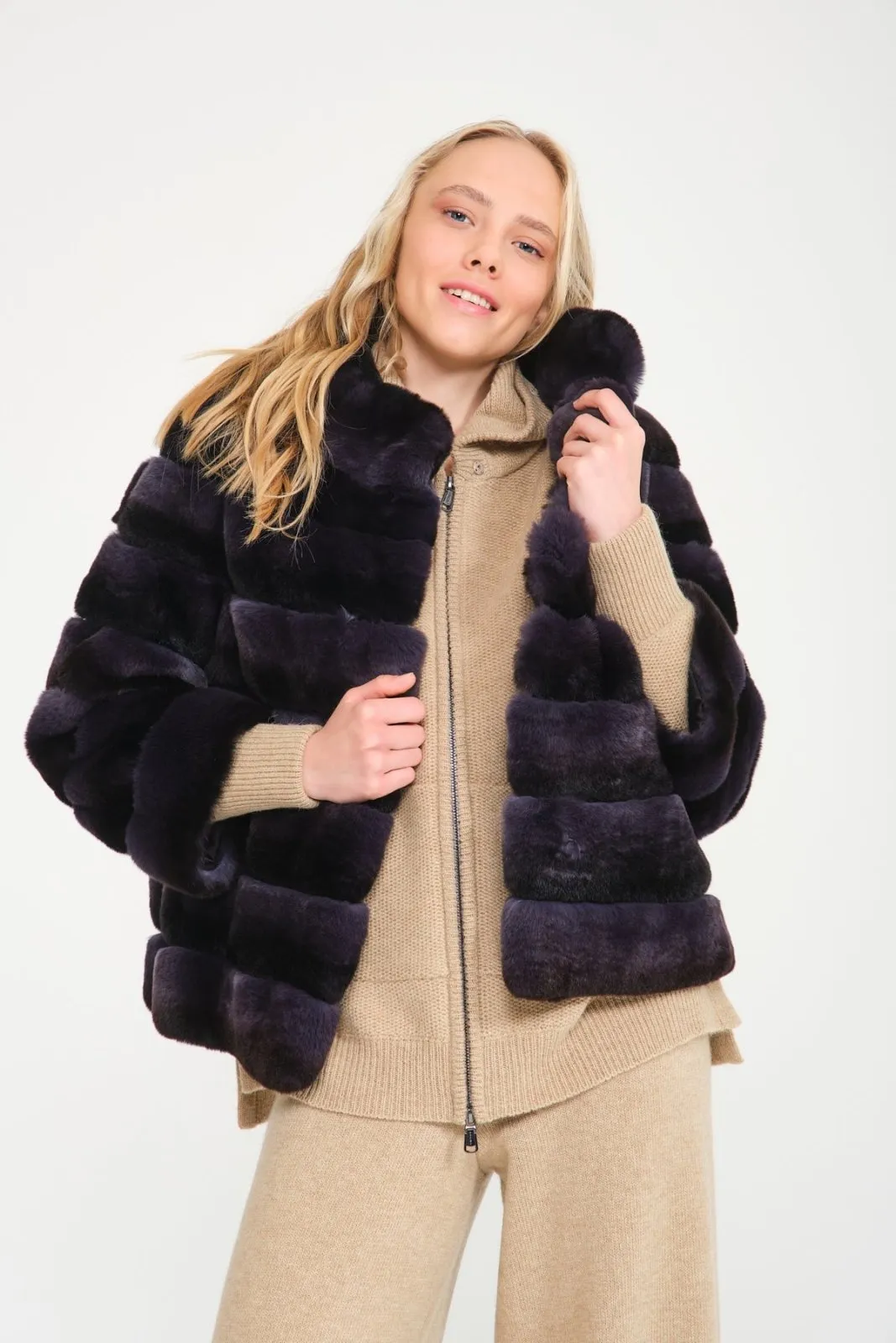 Dark Blue Rex Fur Coat