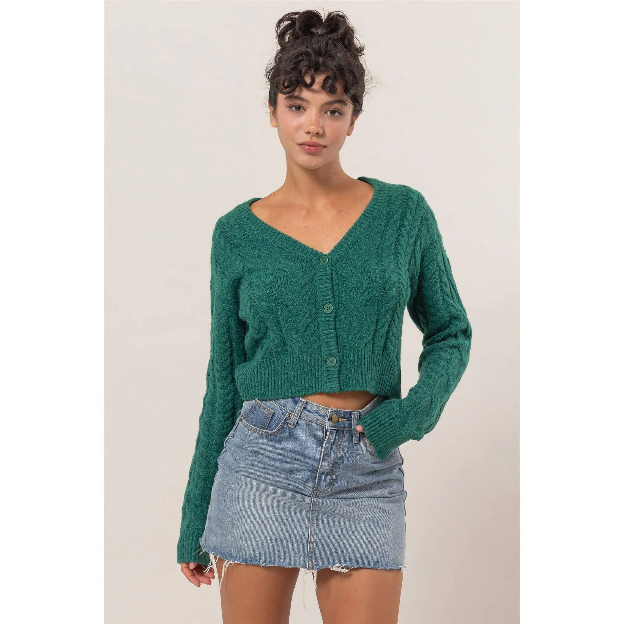 Dark Green Cropped Cardigan Sweater