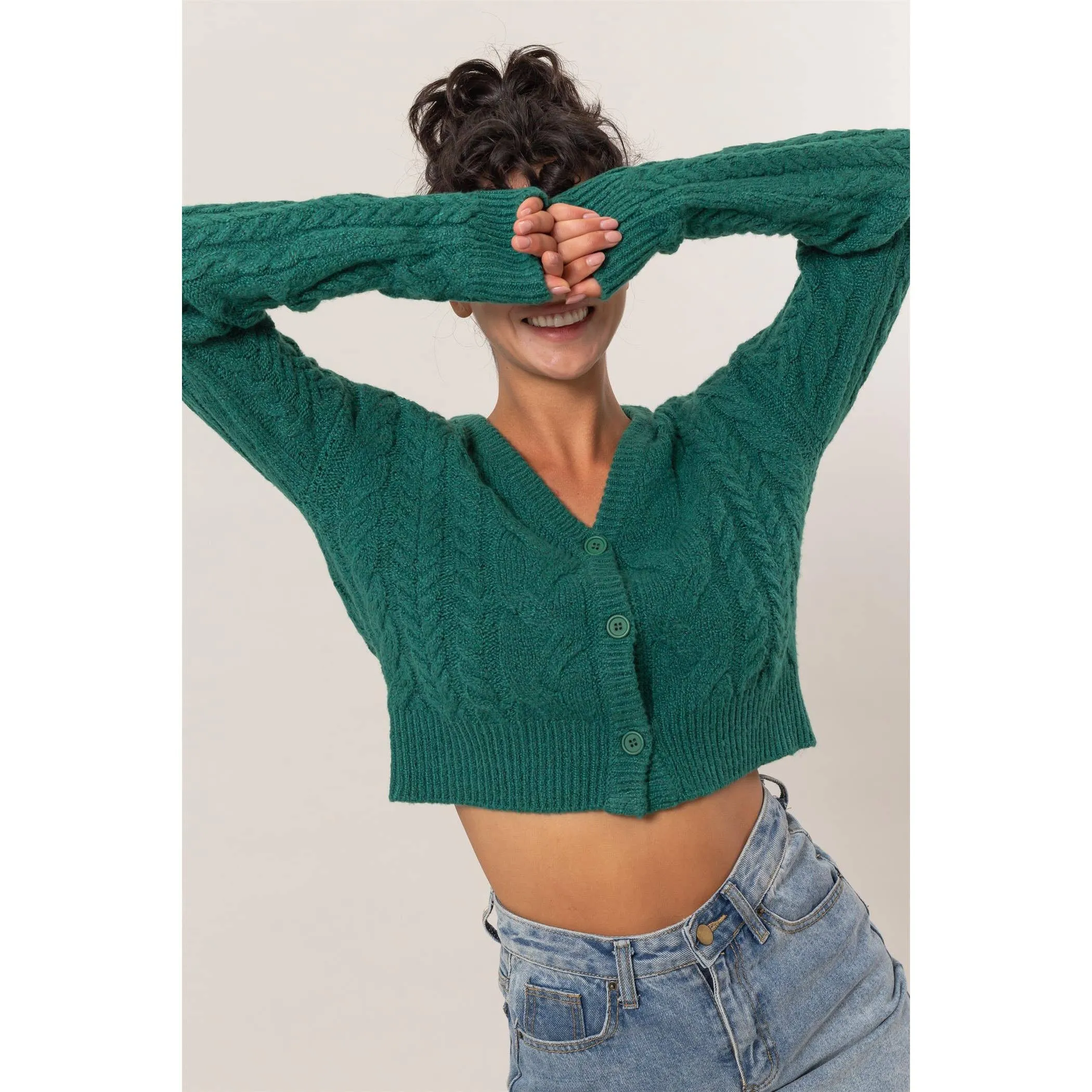 Dark Green Cropped Cardigan Sweater