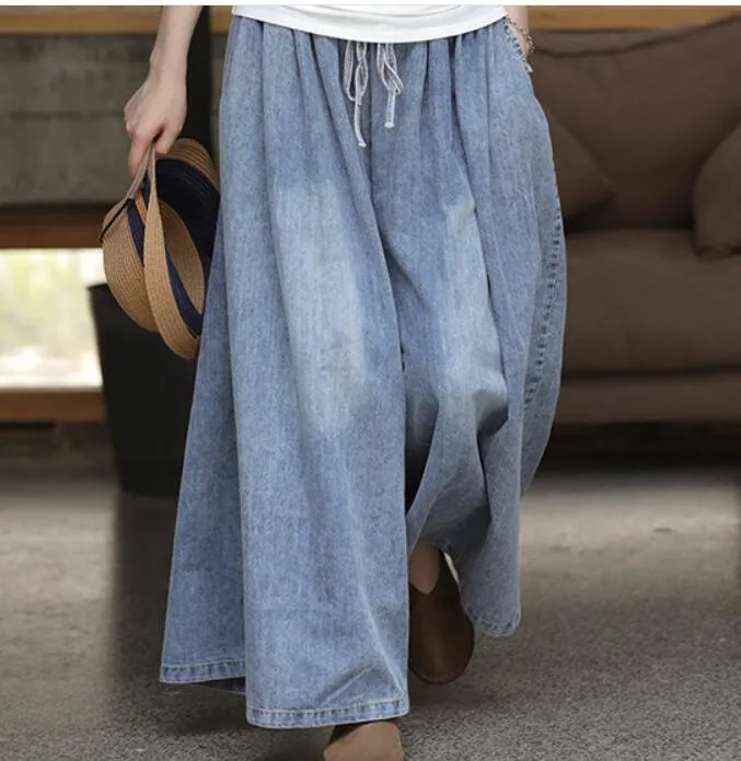 Denim BLue Loose Casual Women Cotton Harem Pants Wide Leg Pants SJ981106