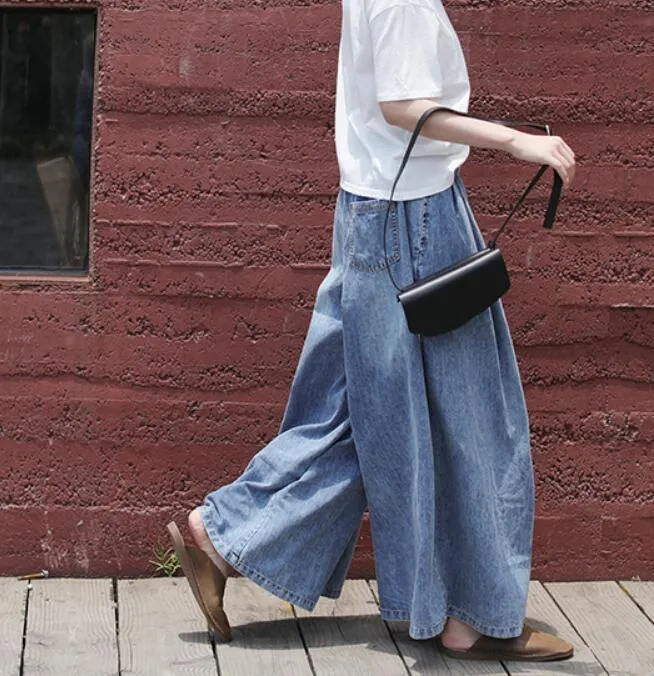 Denim BLue Loose Casual Women Cotton Harem Pants Wide Leg Pants SJ981106