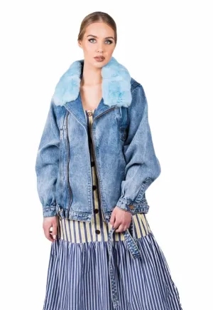 Denim Jacket With Chinchilla Fur Collar