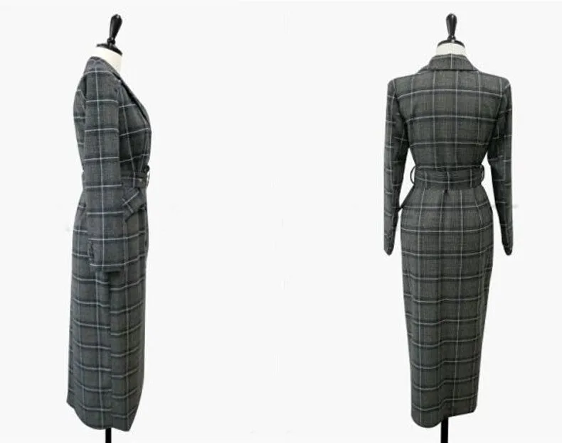 Double Breasted Long Trench plaid Windbreaker Long Sleeve Overcoat