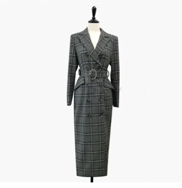 Double Breasted Long Trench plaid Windbreaker Long Sleeve Overcoat