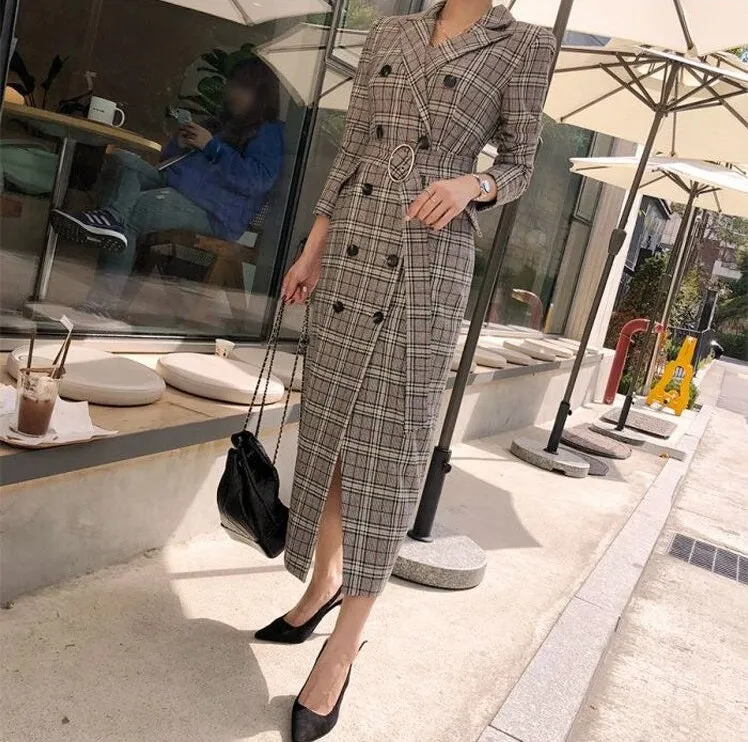 Double Breasted Long Trench plaid Windbreaker Long Sleeve Overcoat