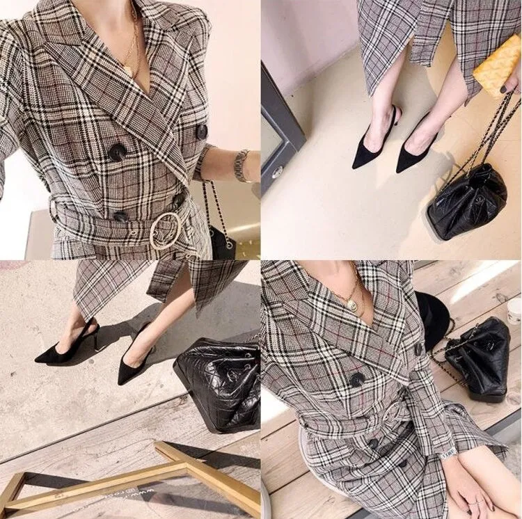 Double Breasted Long Trench plaid Windbreaker Long Sleeve Overcoat