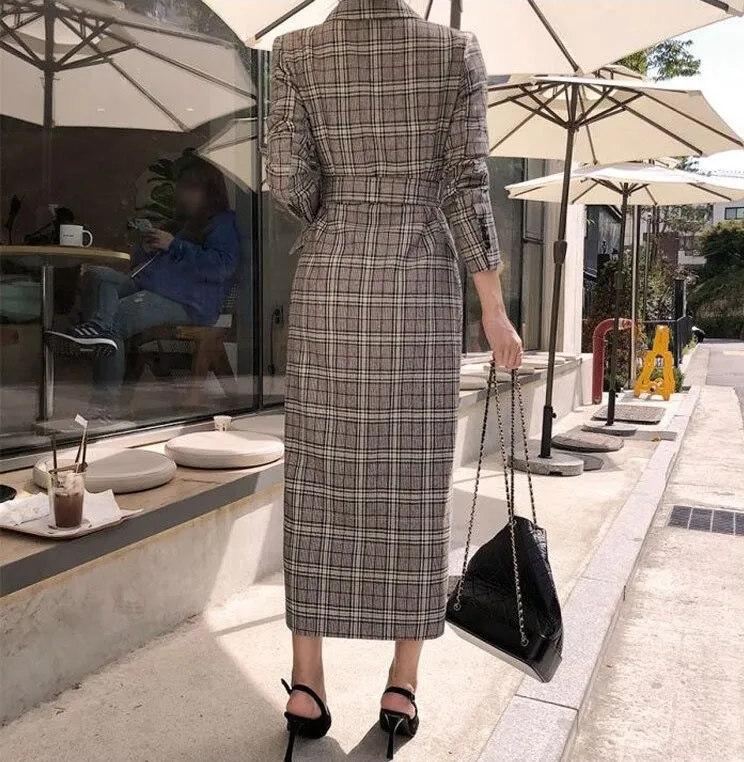 Double Breasted Long Trench plaid Windbreaker Long Sleeve Overcoat