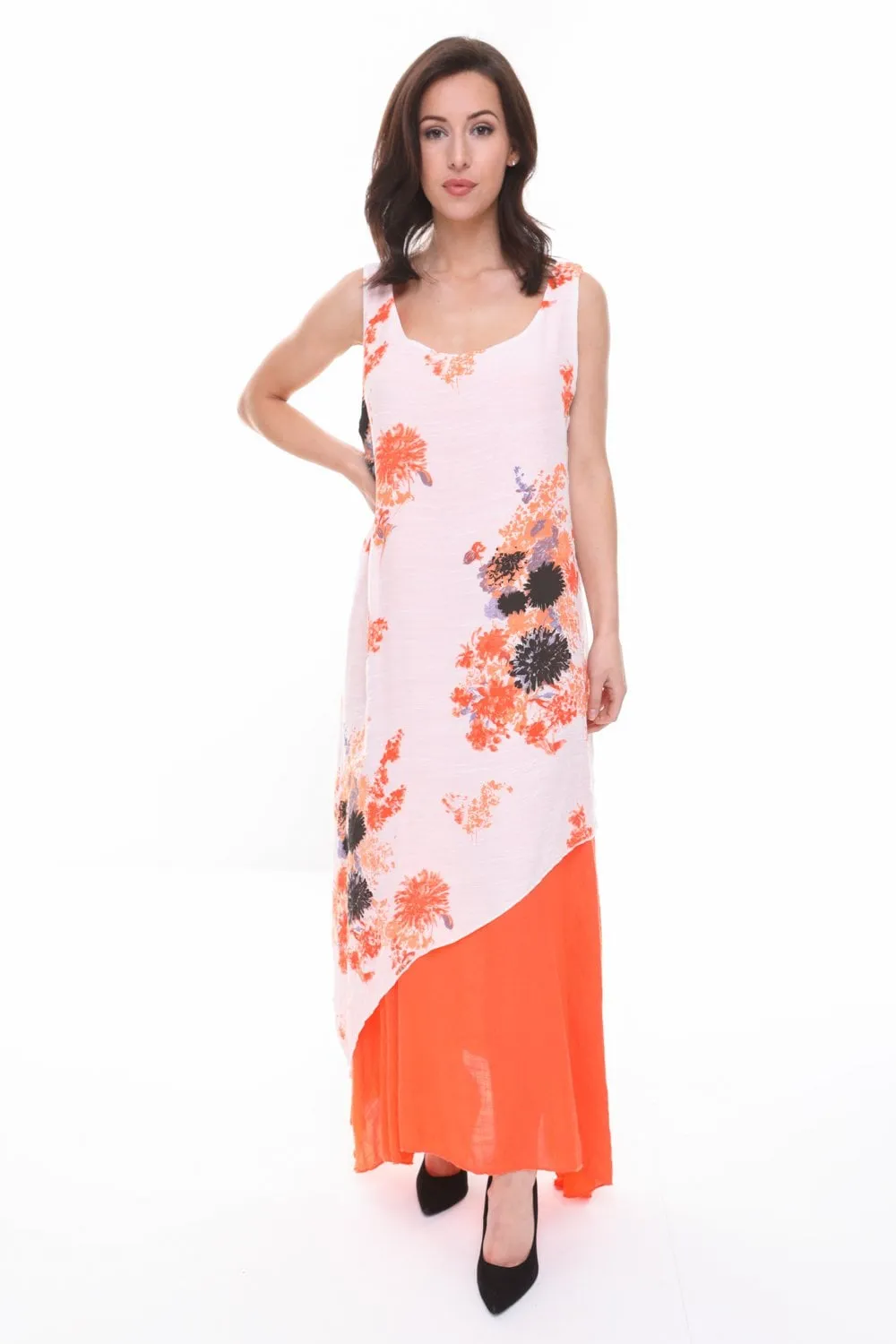 Double Layer Floaty Floral Print Maxi Sleeveless Dress