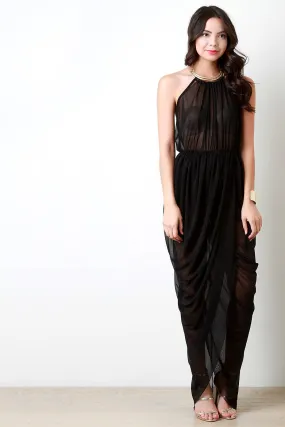 Draped Mesh Open Back Necklace Maxi Dress