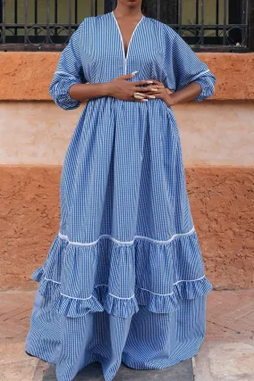 Elegant V-neck Plaid Ruffle Hem Maxi Dress