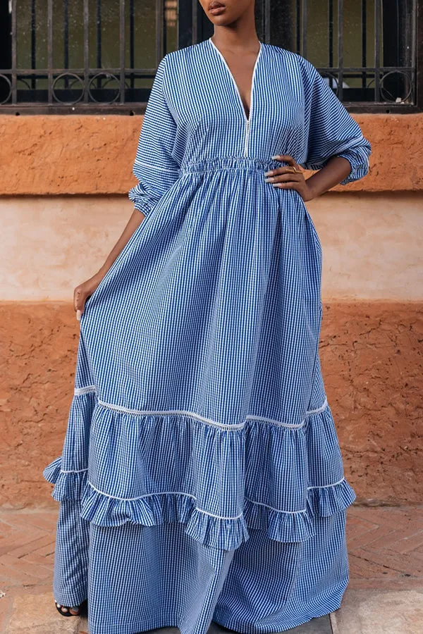 Elegant V-neck Plaid Ruffle Hem Maxi Dress