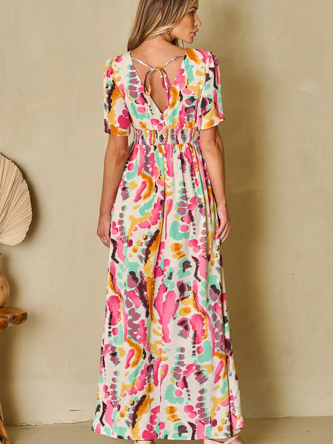 Floral Breeze: Surplice Short Sleeve Maxi Dress with Slit