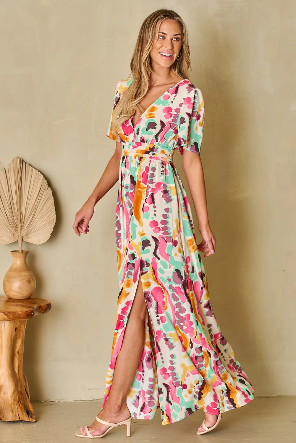 Floral Breeze: Surplice Short Sleeve Maxi Dress with Slit