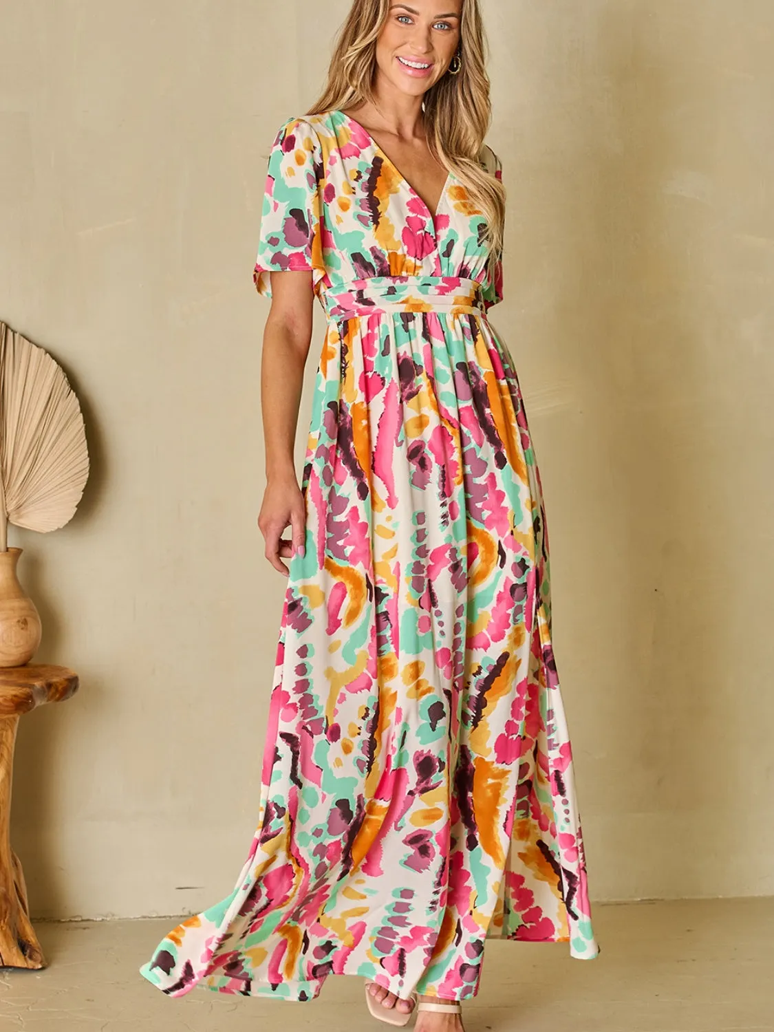 Floral Breeze: Surplice Short Sleeve Maxi Dress with Slit