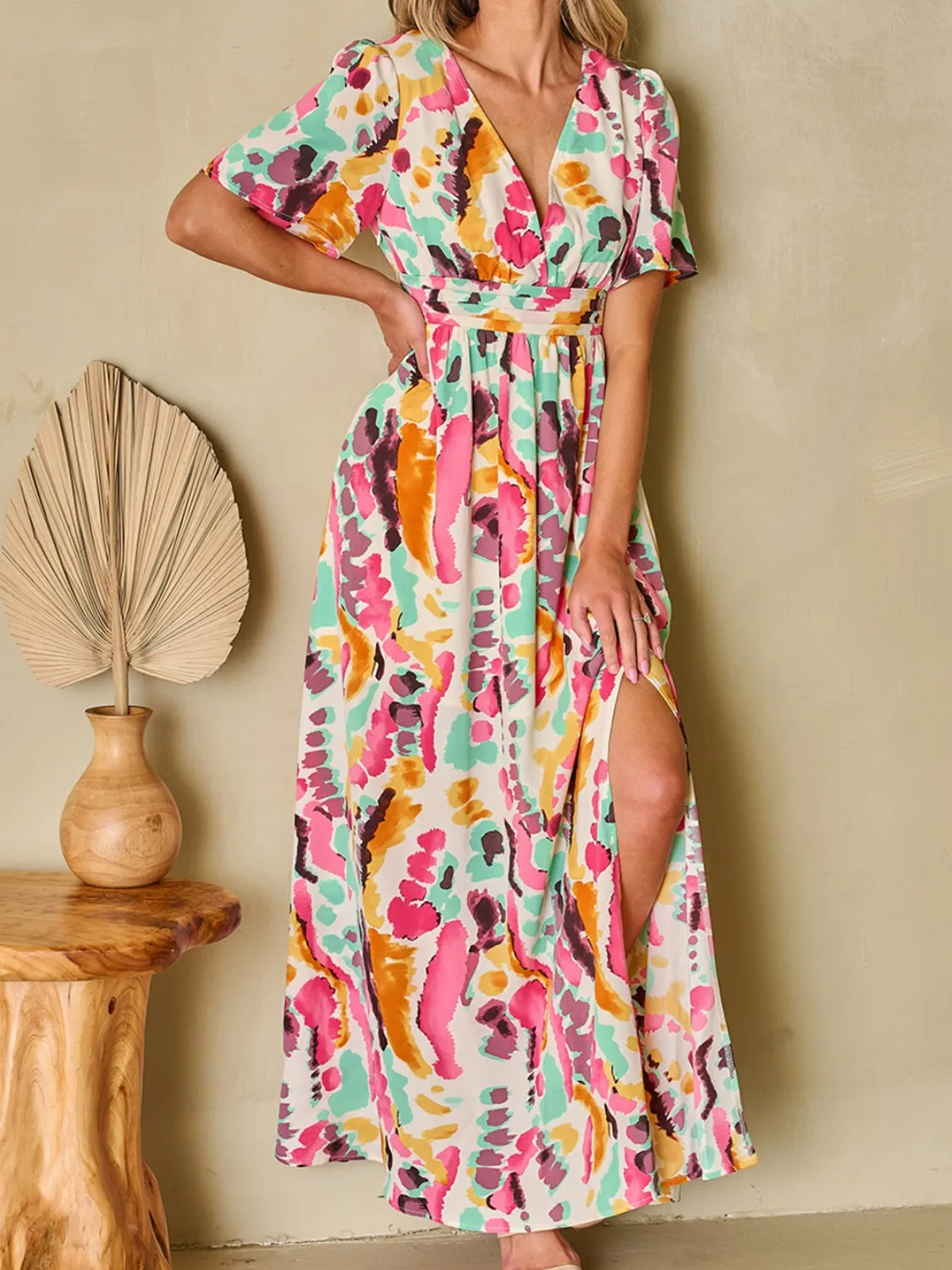 Floral Breeze: Surplice Short Sleeve Maxi Dress with Slit