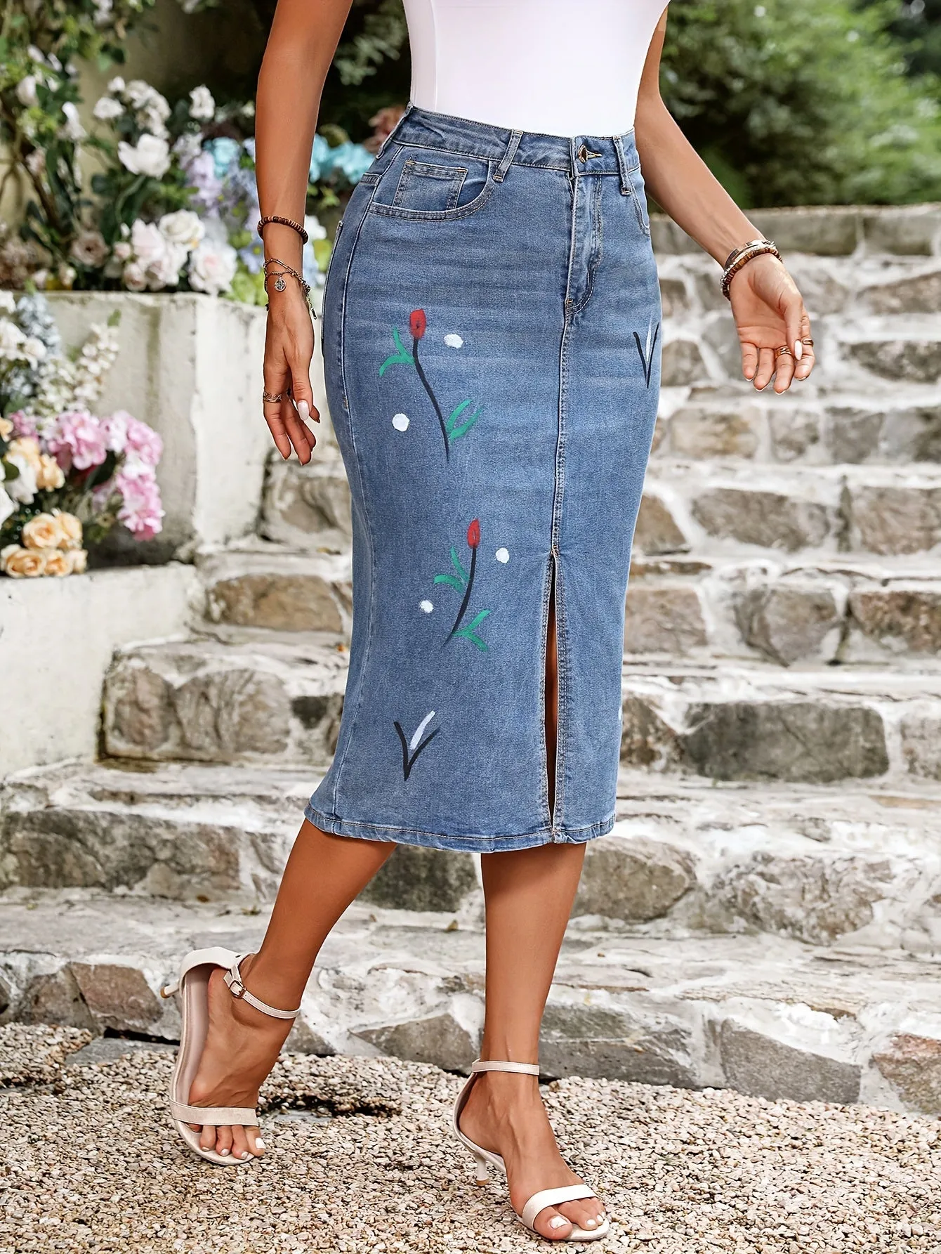 Floral Midi Denim Skirt For Women, Elegant High Waisted, Front Split, Casual Chic Jean Skirt