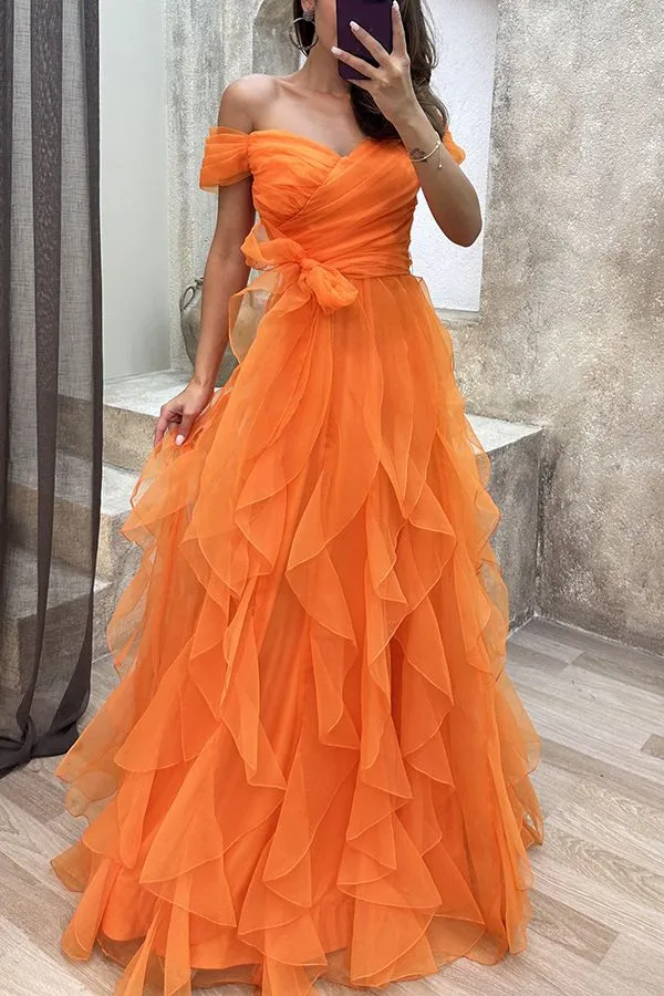 Formal Off Shoulder Ruffles Layered Tulle Gown Dress