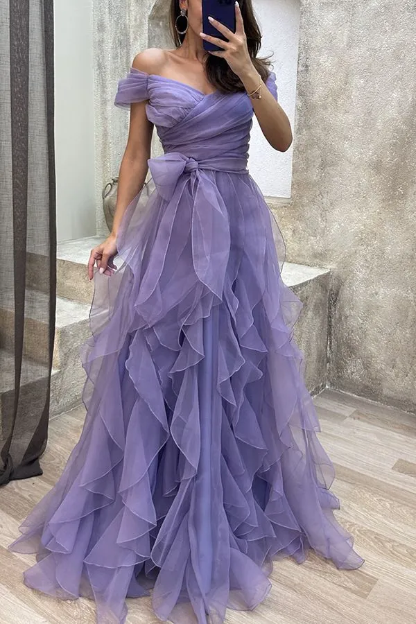 Formal Off Shoulder Ruffles Layered Tulle Gown Dress