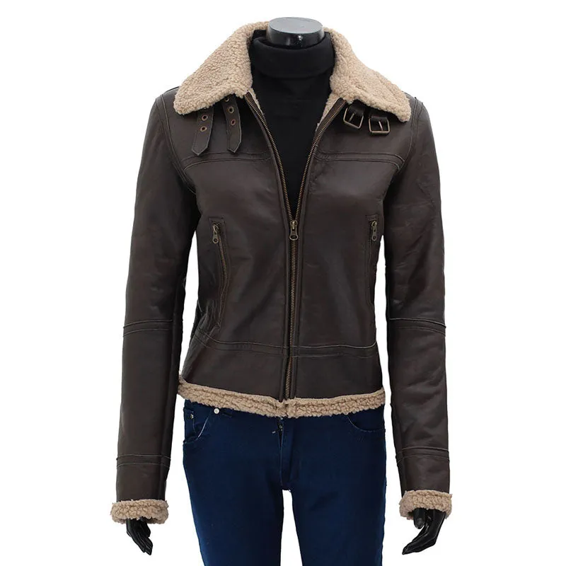 Frances Womens Dark Brown Best Leather Bomber Jacket with Shearling