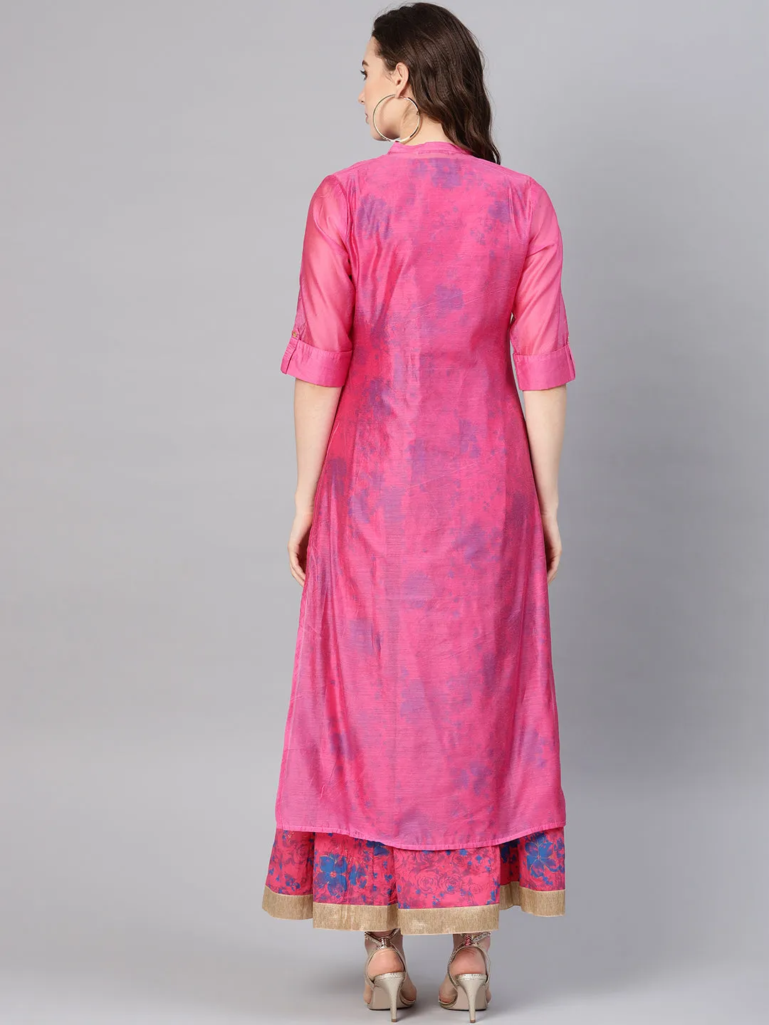 Fuchsia Chanderi Printed With Embroidery Layered Maxi Dress