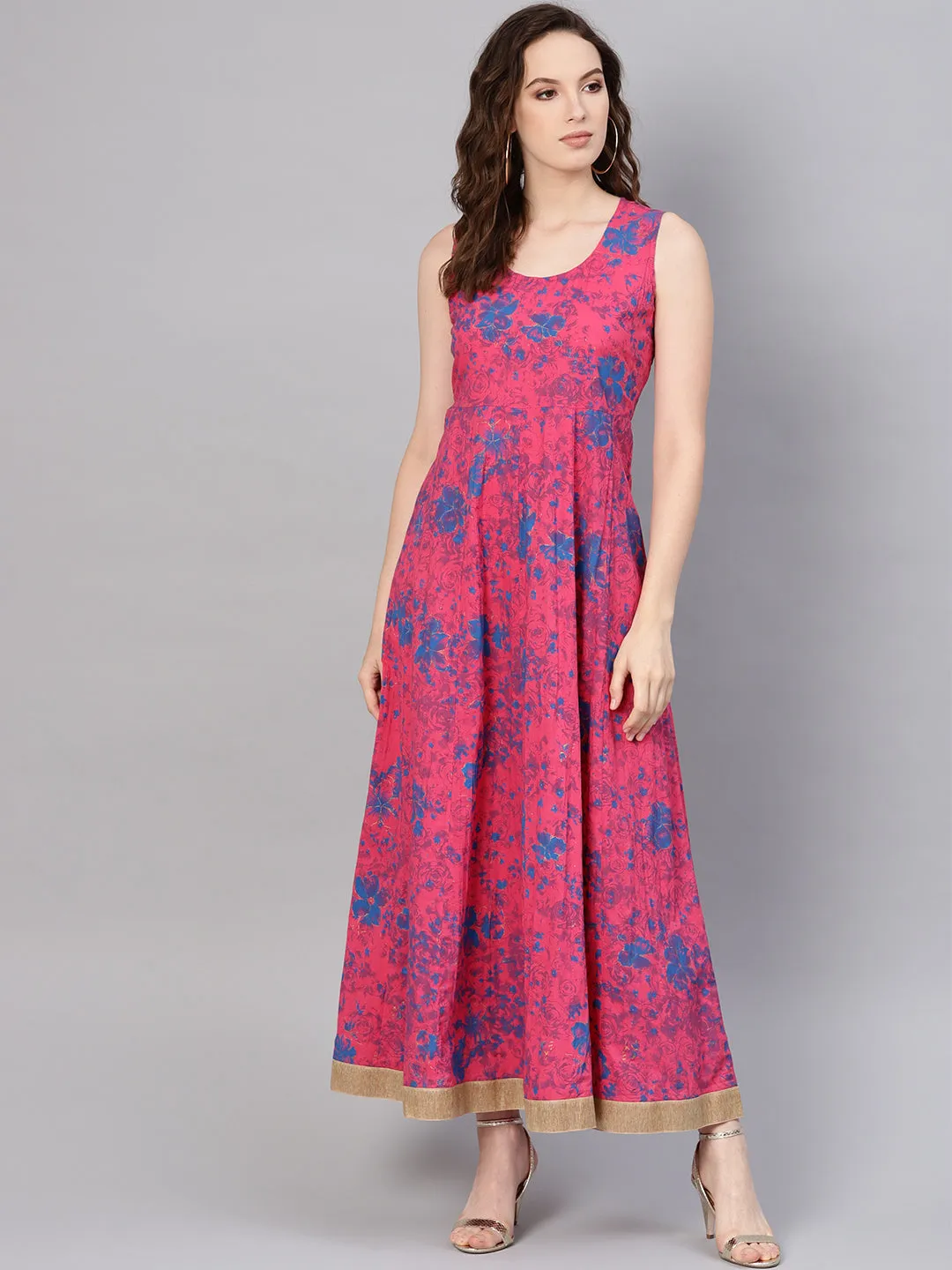 Fuchsia Chanderi Printed With Embroidery Layered Maxi Dress