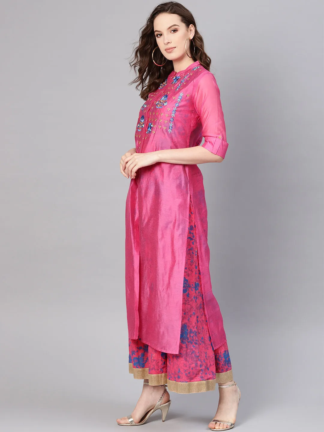 Fuchsia Chanderi Printed With Embroidery Layered Maxi Dress