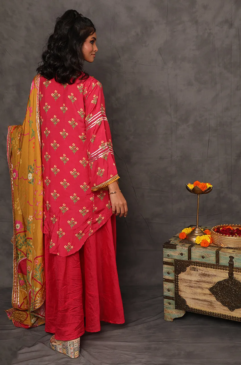 GEET- Cerise Pink Three Piece Suit Set With Printed Dupatta