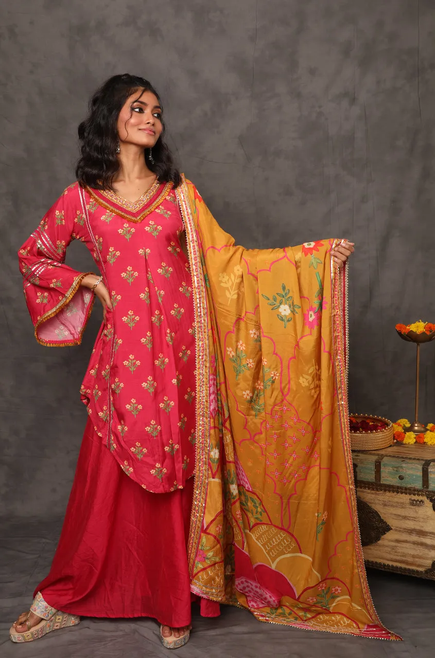 GEET- Cerise Pink Three Piece Suit Set With Printed Dupatta