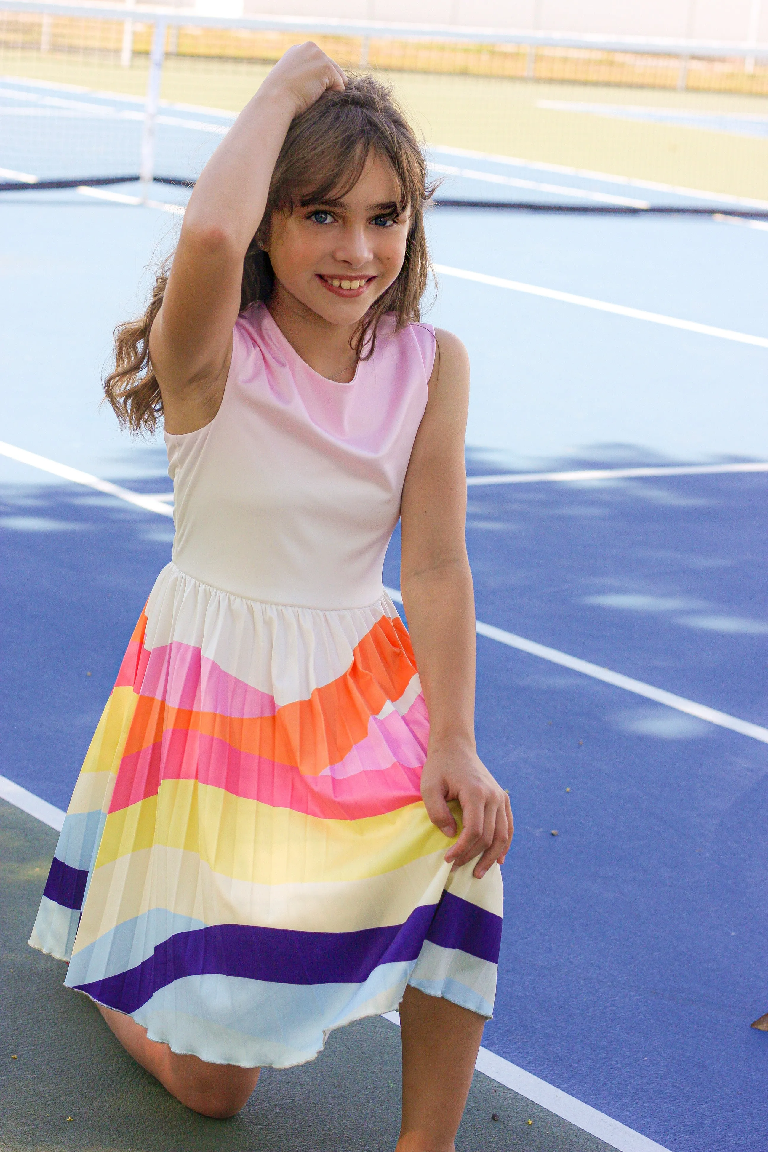 Girls Colorful Wave Pleated Skater Dress