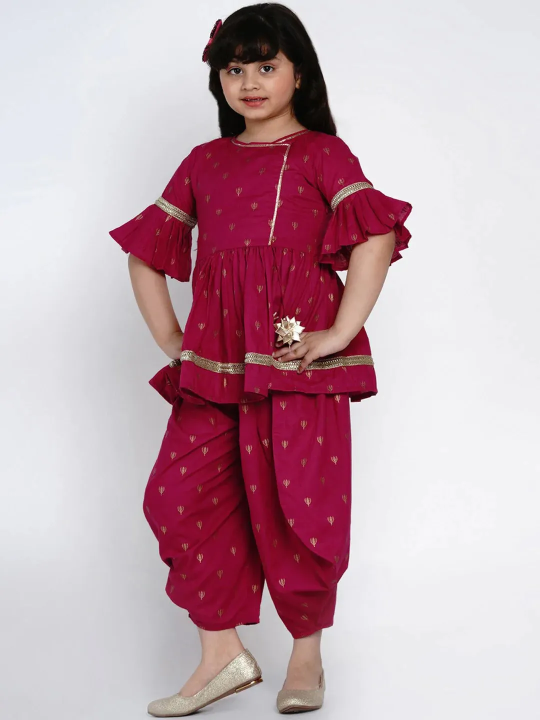 Girls Magenta Printed Kurti With Dhoti Pants