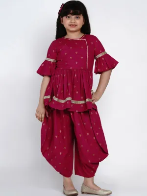 Girls Magenta Printed Kurti With Dhoti Pants