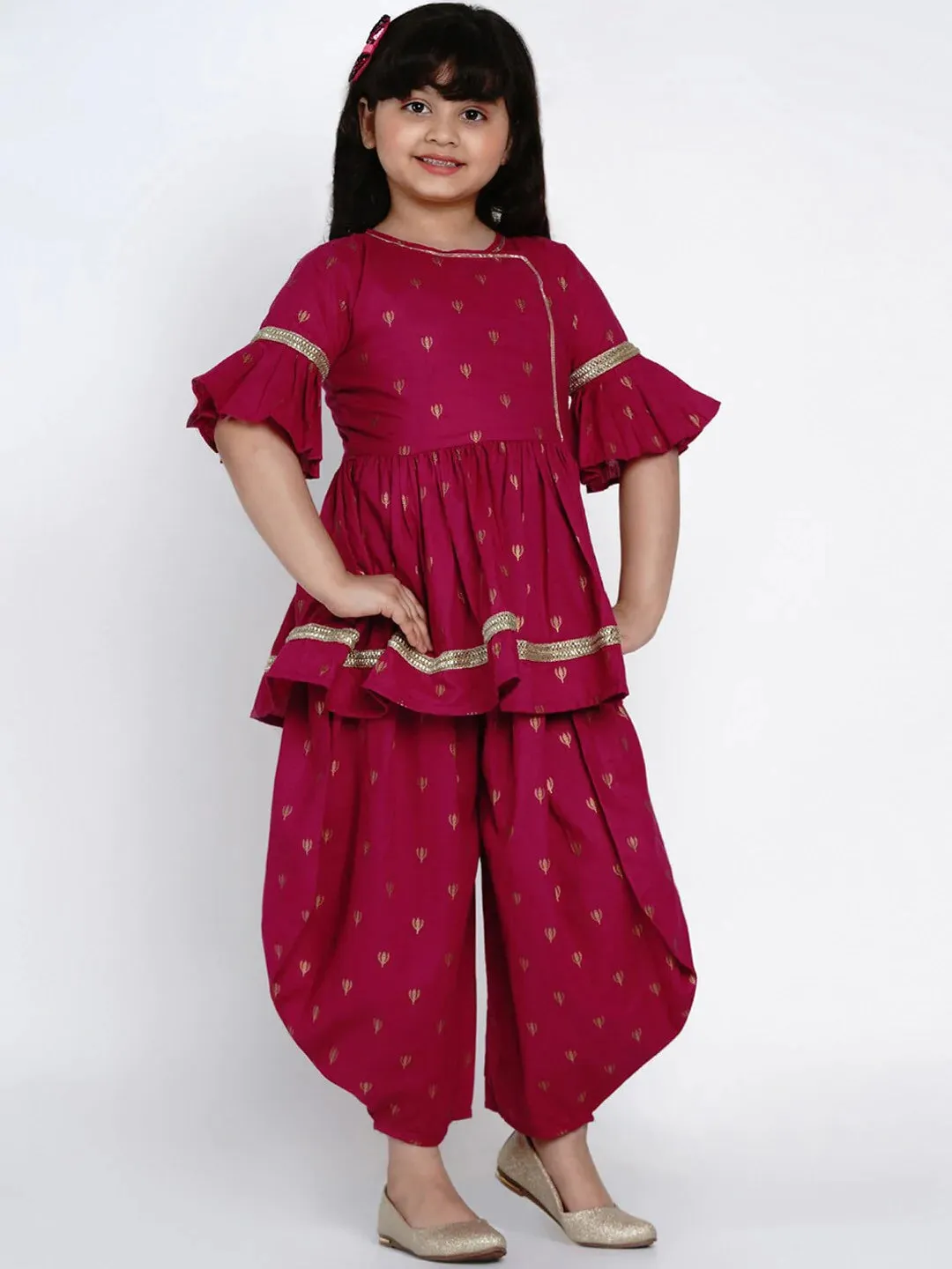 Girls Magenta Printed Kurti With Dhoti Pants