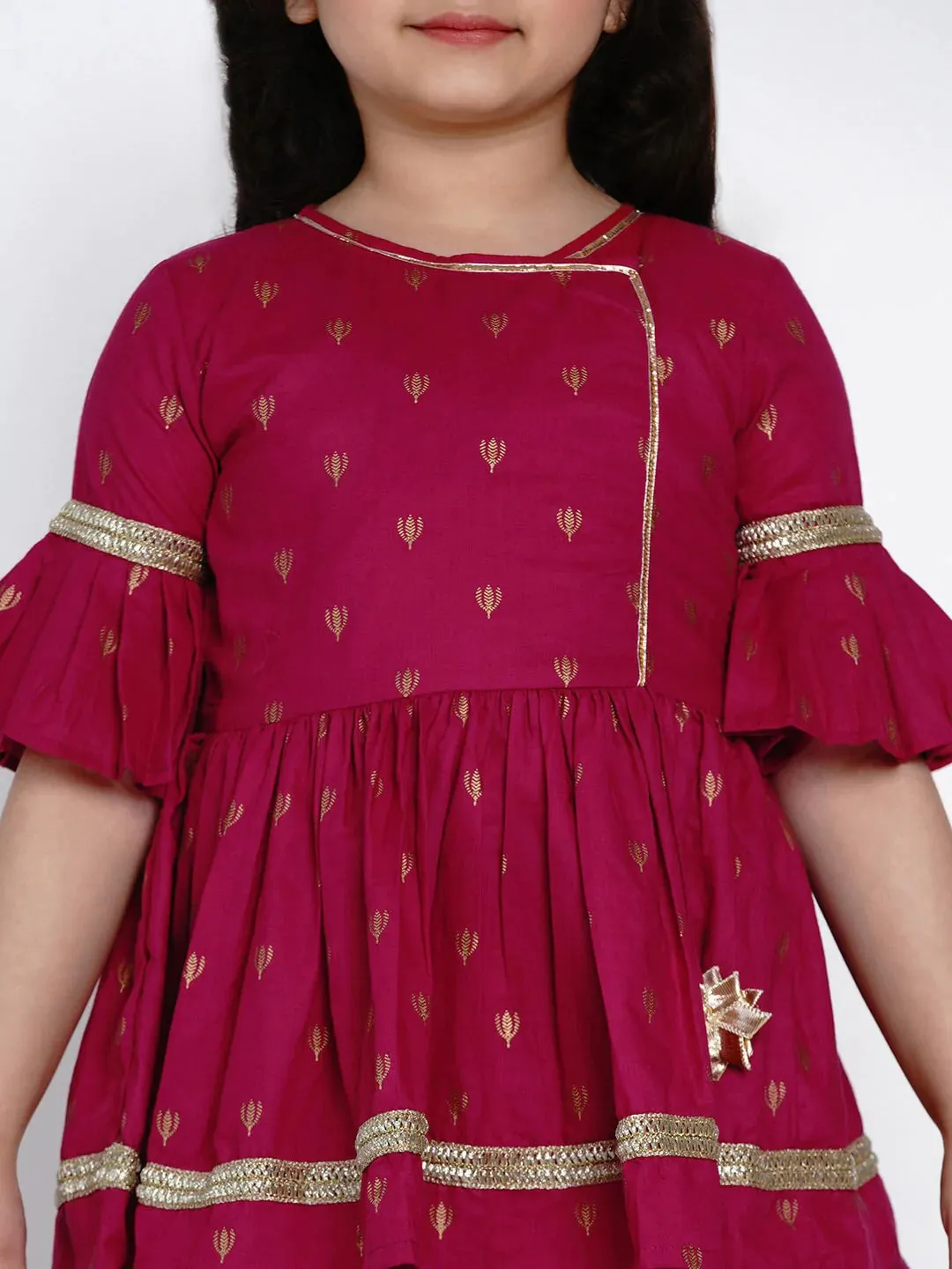 Girls Magenta Printed Kurti With Dhoti Pants