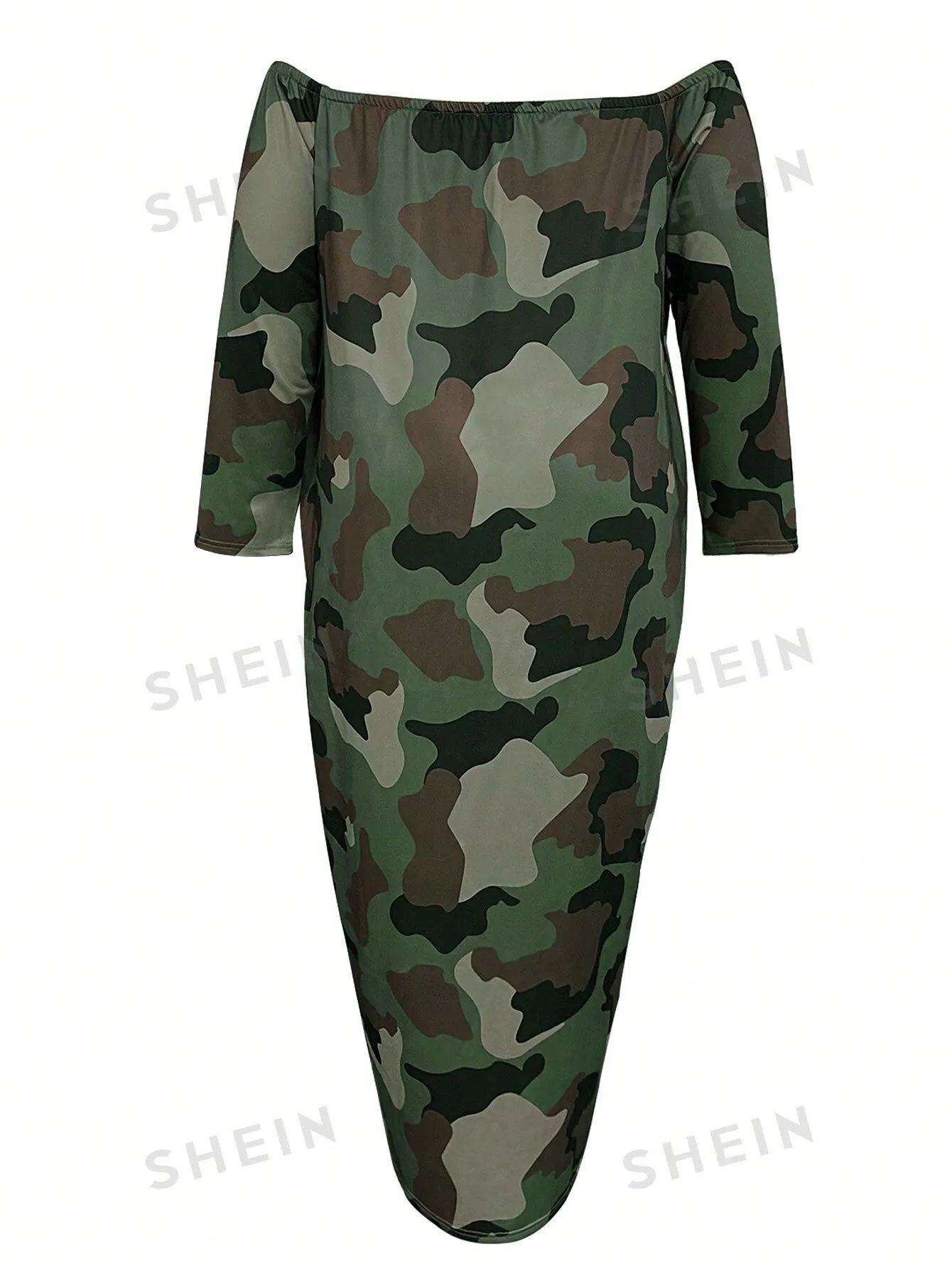 Green Camouflage Off Shoulder Plus Size Women's Fashionablel Long-Sleeved Dress