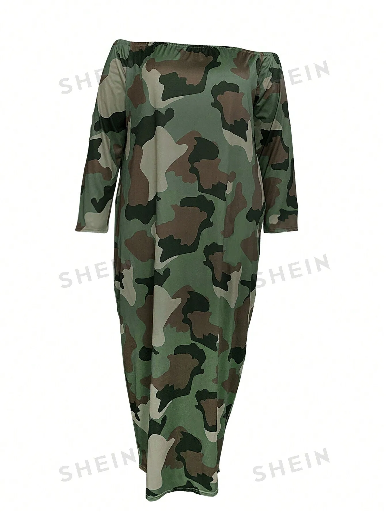 Green Camouflage Off Shoulder Plus Size Women's Fashionablel Long-Sleeved Dress