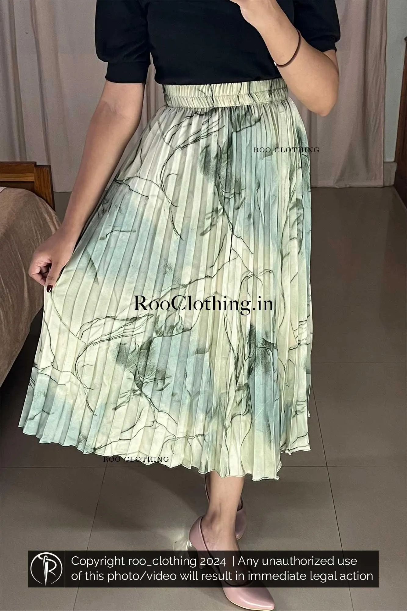 Green Marble Print Accordion Pleated Skirt Only