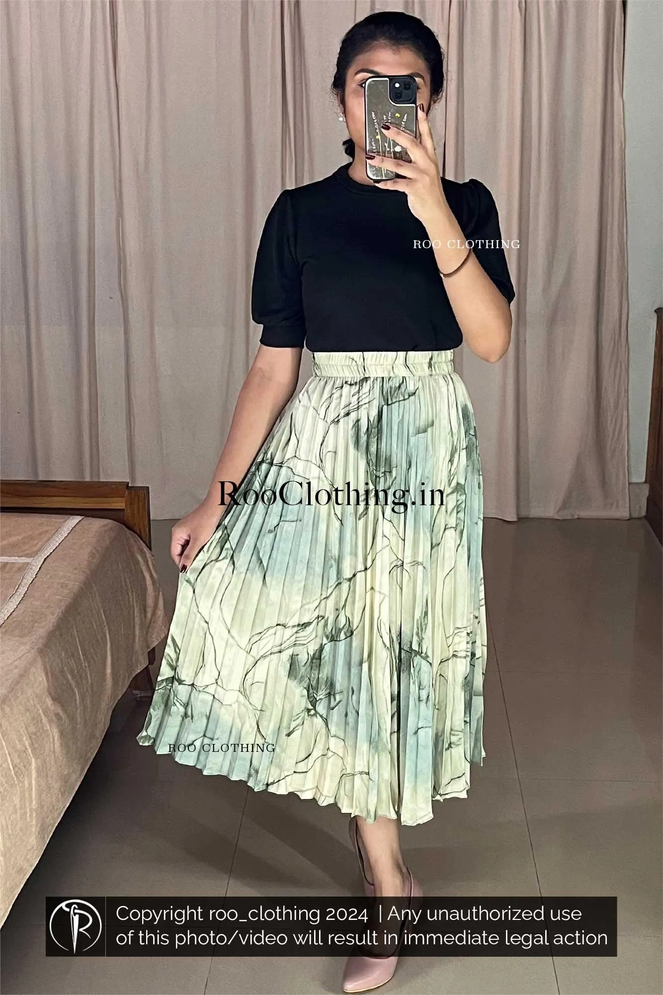 Green Marble Print Accordion Pleated Skirt Only