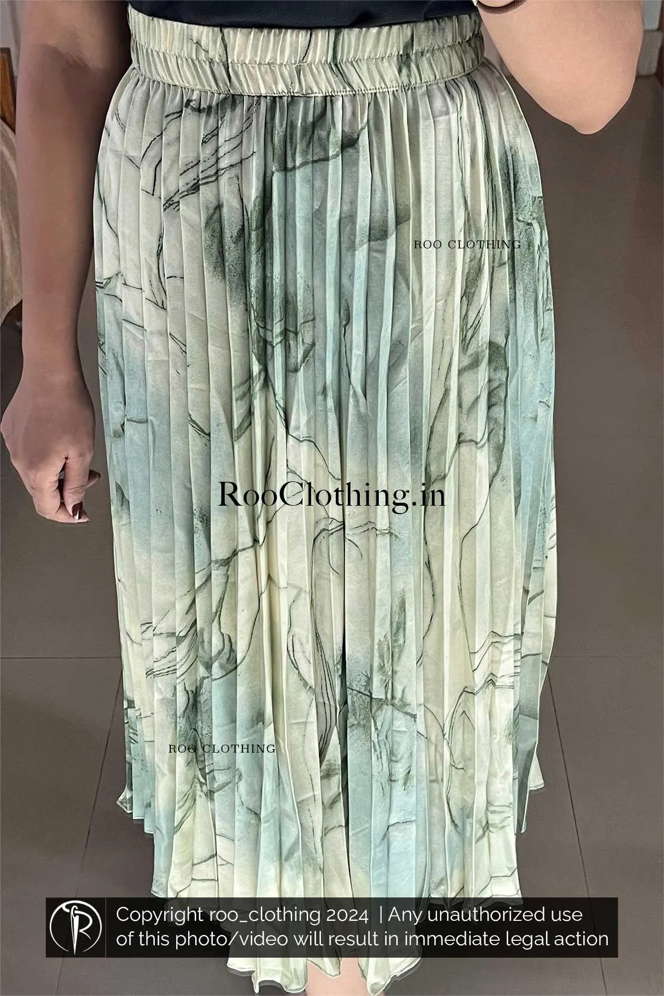 Green Marble Print Accordion Pleated Skirt Only