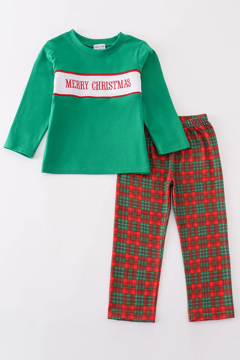 Green merry christmas embroidery boy pants set