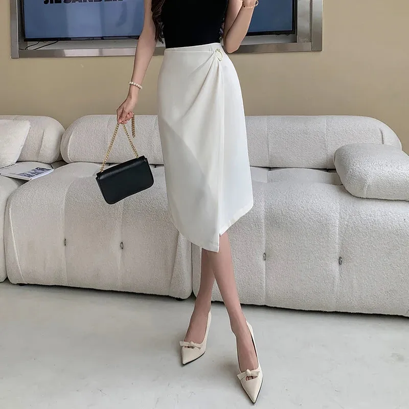 Green Summer New Office Lady Skirts Pure Color Pleated Slim High Waist Irregular Female Skirt Black White Basic Workwear