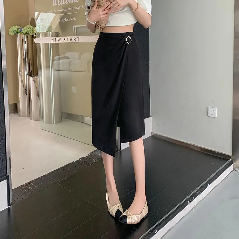 Green Summer New Office Lady Skirts Pure Color Pleated Slim High Waist Irregular Female Skirt Black White Basic Workwear