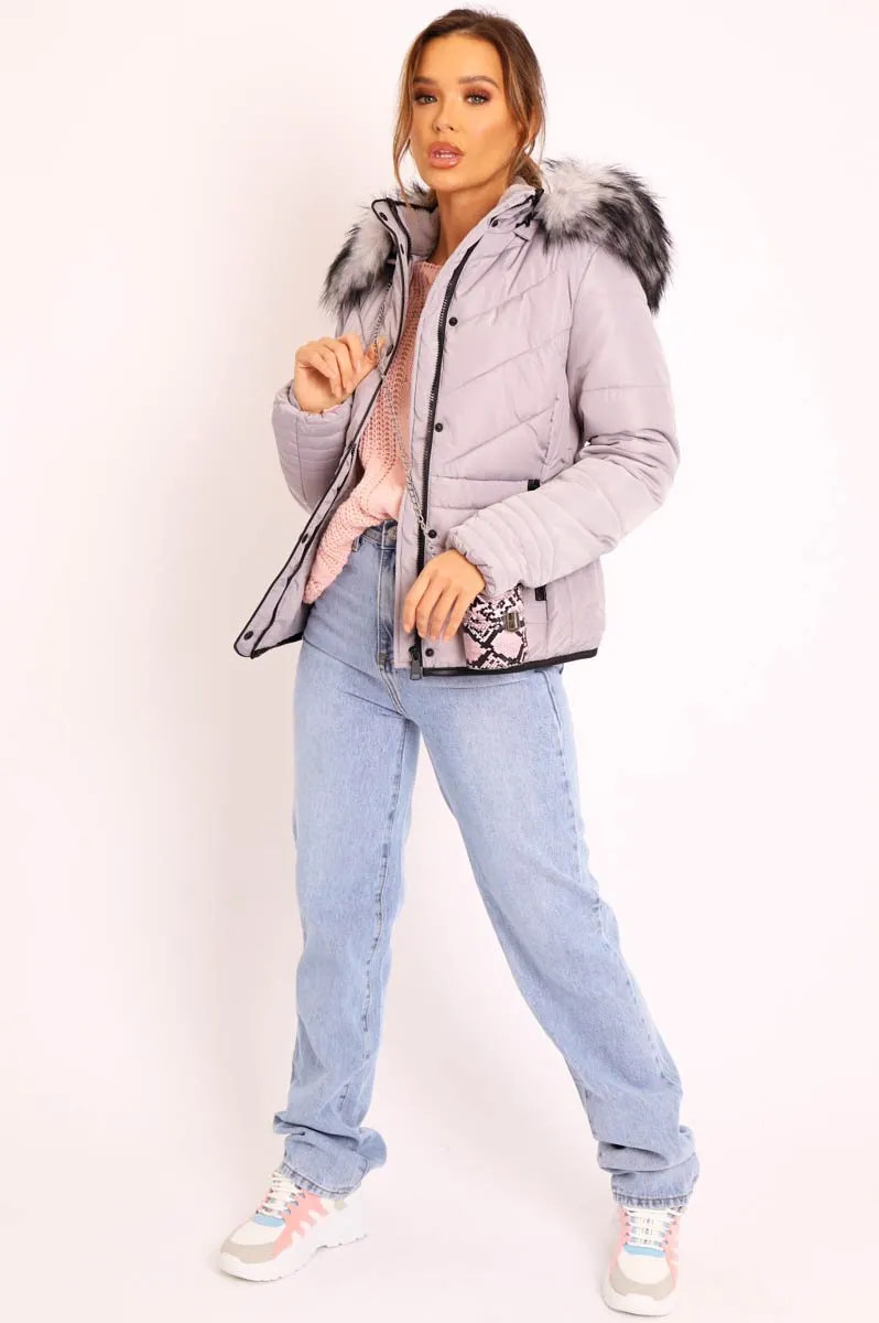 Grey Fur Trim Quilted Puffer Coat - Lania