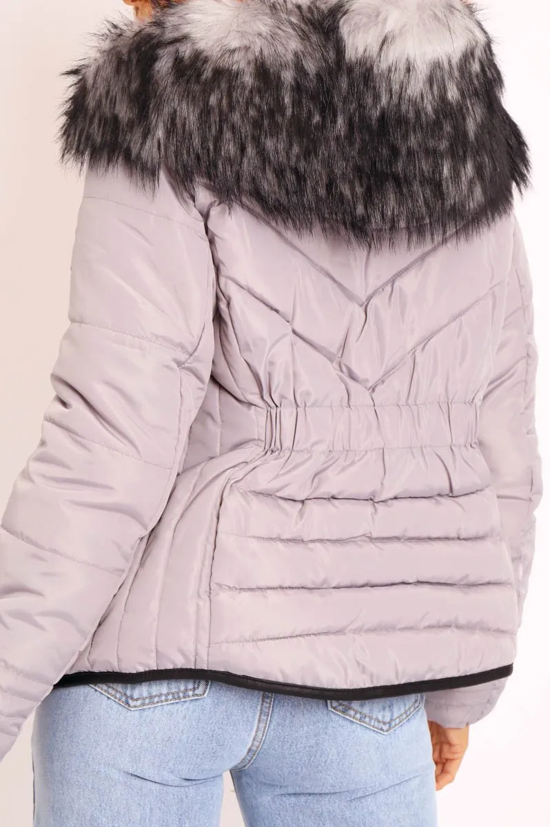 Grey Fur Trim Quilted Puffer Coat - Lania