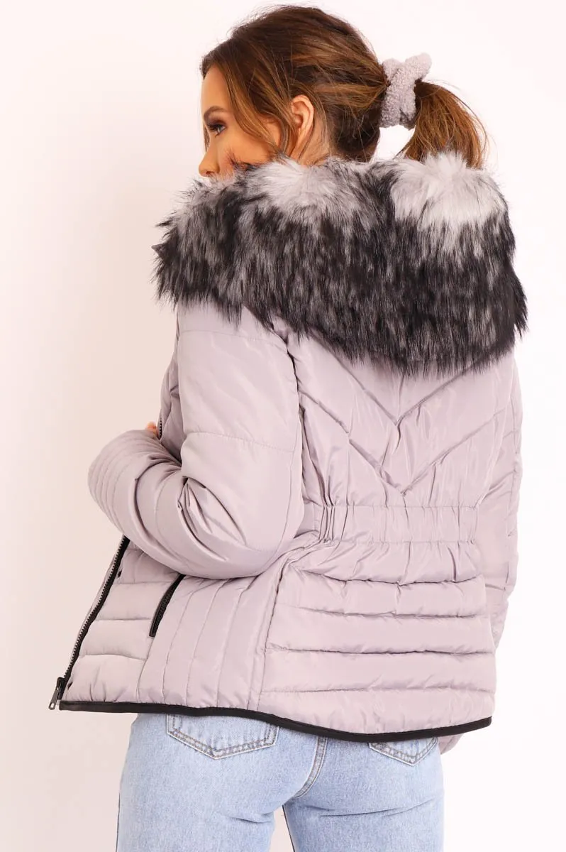 Grey Fur Trim Quilted Puffer Coat - Lania